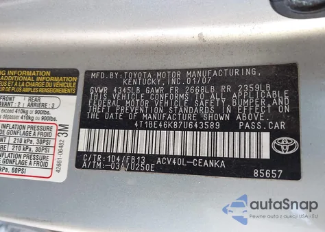 2007 Toyota Camry Le из США, поврежденный, VIN 4T1BE46K87U643589